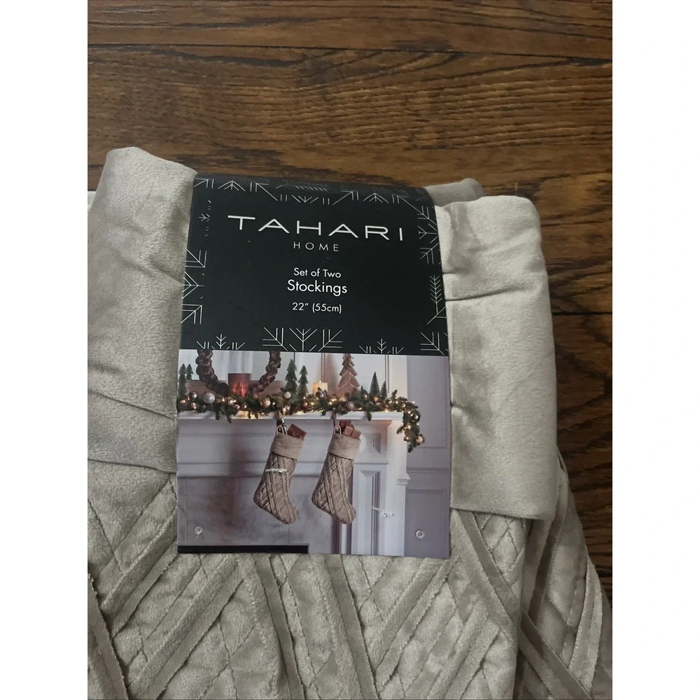 Set Of 2 Tahari Christmas Stockings Taupe Quilted Velvet Velour 22